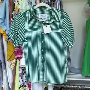 The Shirt Rochelle Behrens Green Striped Short Sleeve Shirt